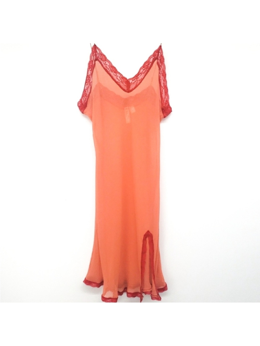 Bare Luxury Sheer Lace-Trim Slip Dress in Coral- XL